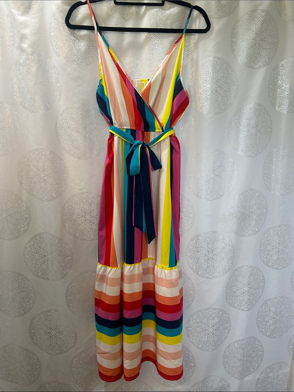 Rainbow Colorblock Striped Spaghetti Strap Maxi Dress Sundress Ruffle Belted L - Picture 9 of 12